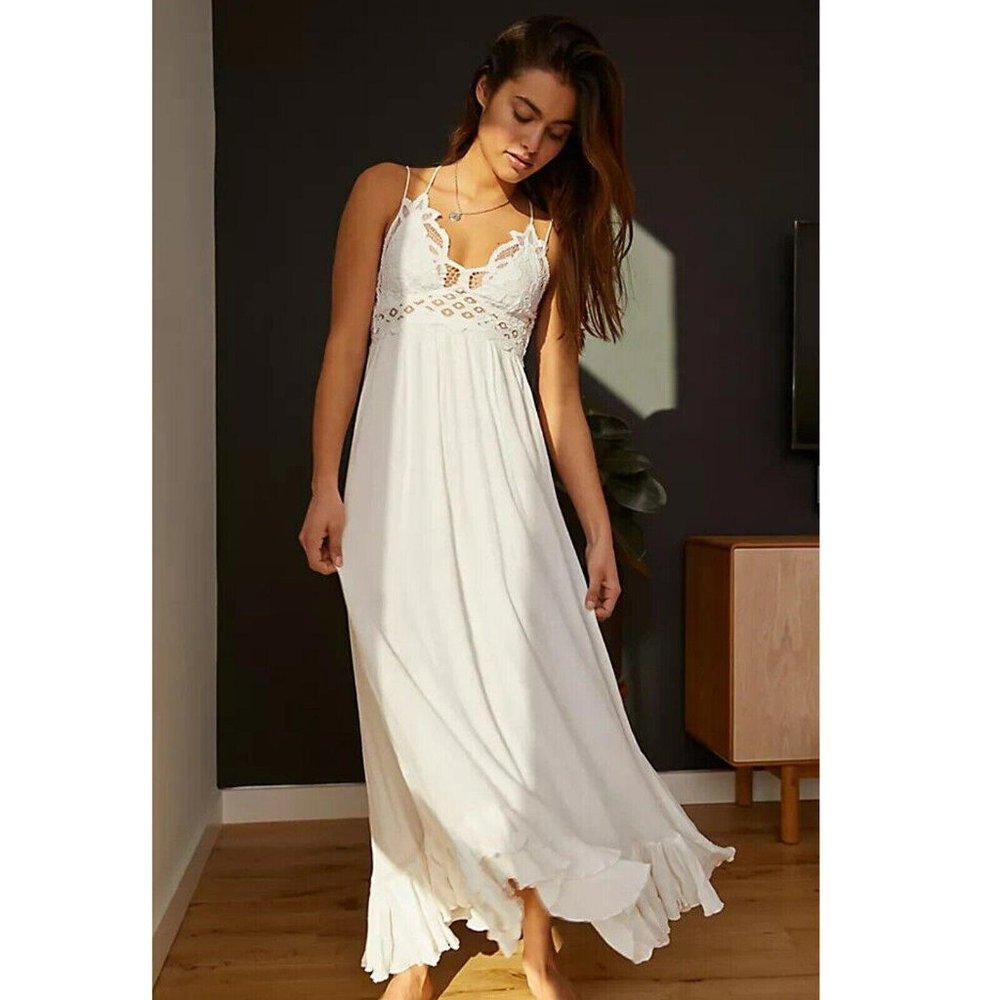 Free People FP One "Adella" Slip Crochet Lace Maxi Dress Smocked White M